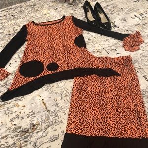 •Black and Coral Homemade Top and Skirt Set•